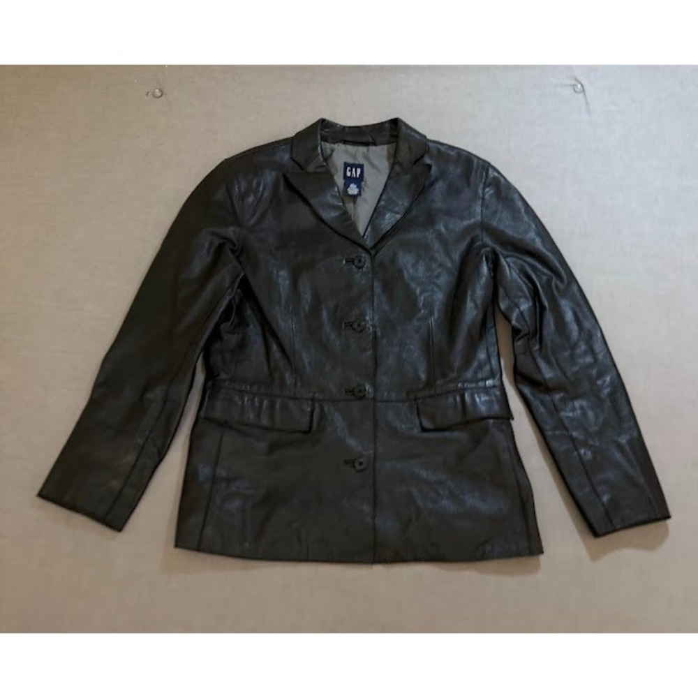 GAP Genuine‎ Leather Jacket Womens Small Black Button Long Sleeve Coat Ladies